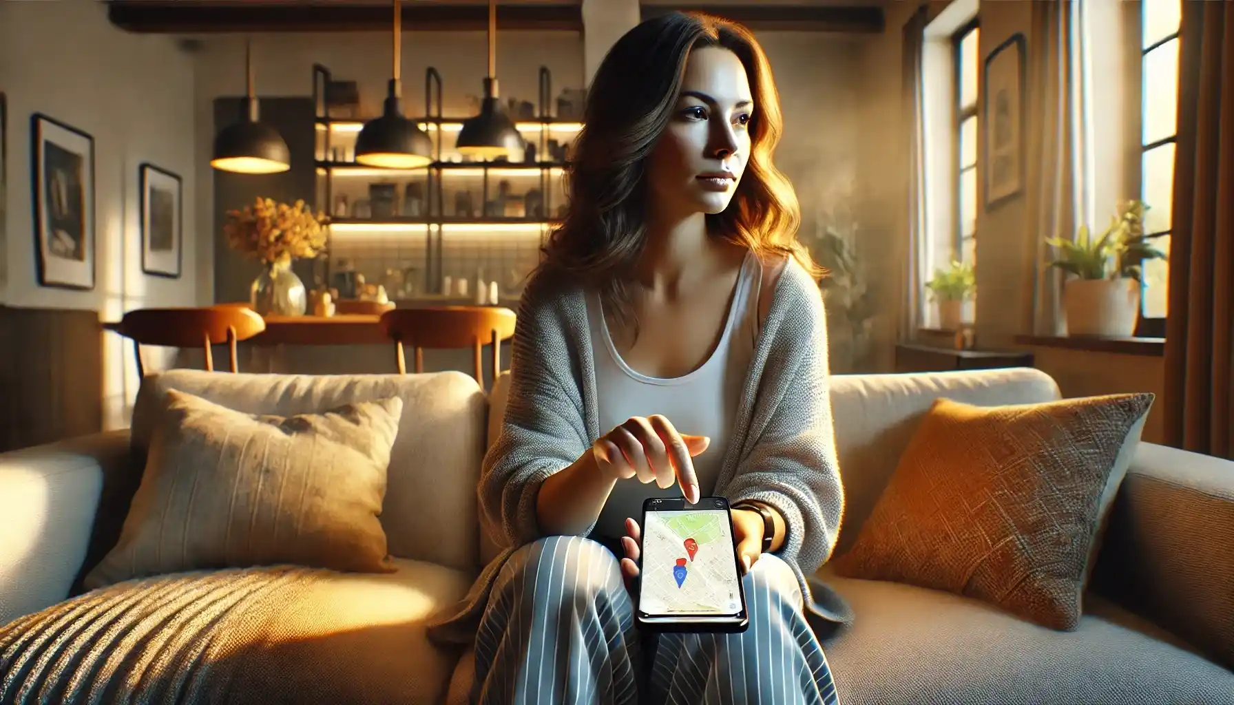 A woman sitting in a modern living room on a cozy couch, holding a smartphone, featuring two location tags marked as her children with colorful and vivid icons. 