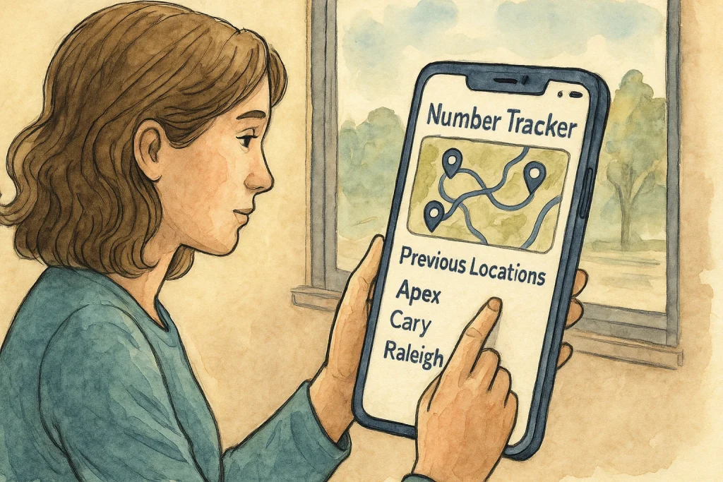 A woman checks her location history via Number Tracker.