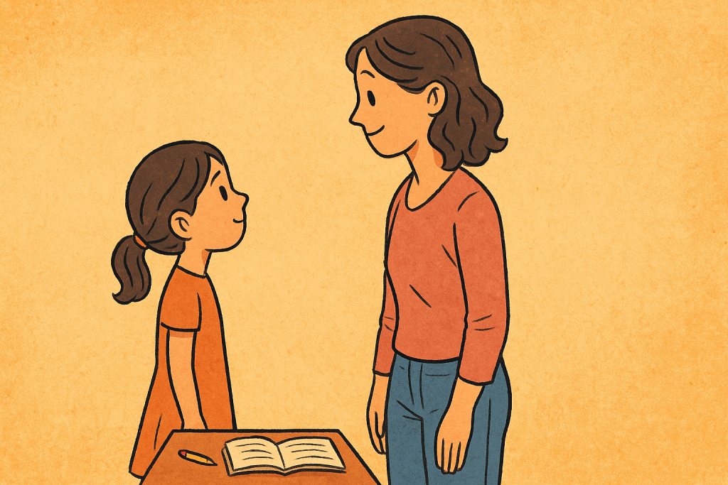 An adult woman and her younger self standing face-to-face, smiling warmly at each other.