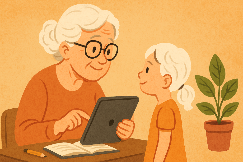 An elderly woman with white hair and glasses using a tablet at a desk, smiling warmly as a young girl with a ponytail stands beside her.