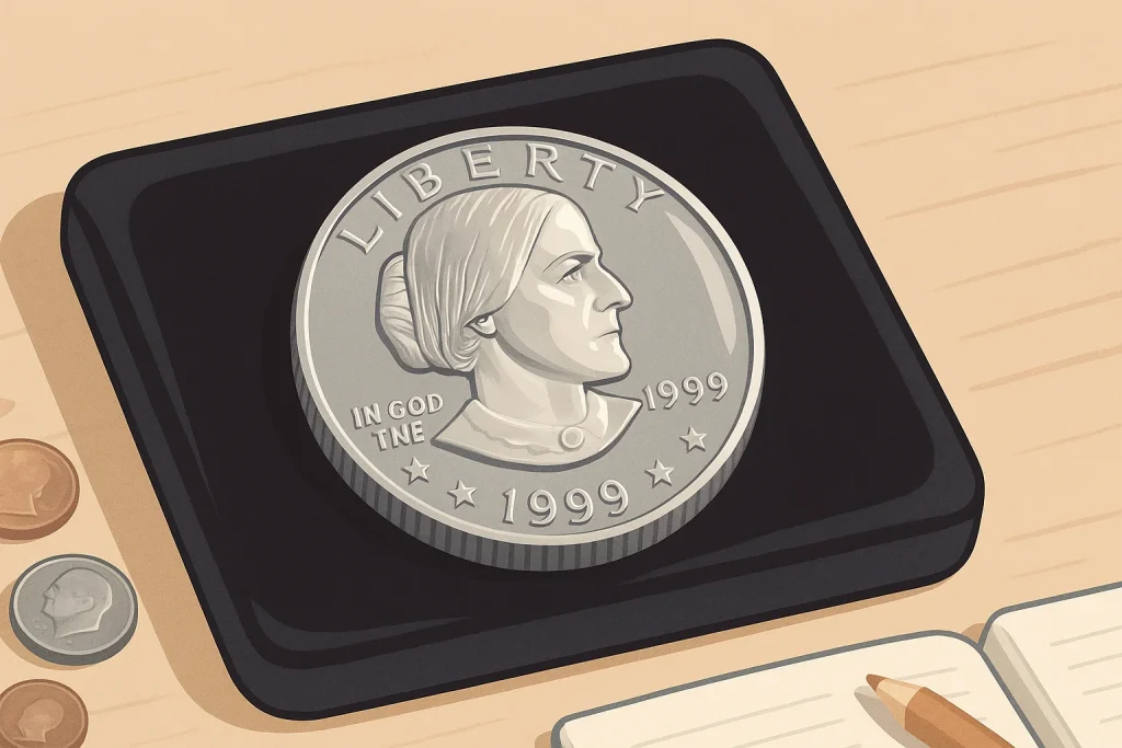 A high-grade SBA dollar on a protective padding.