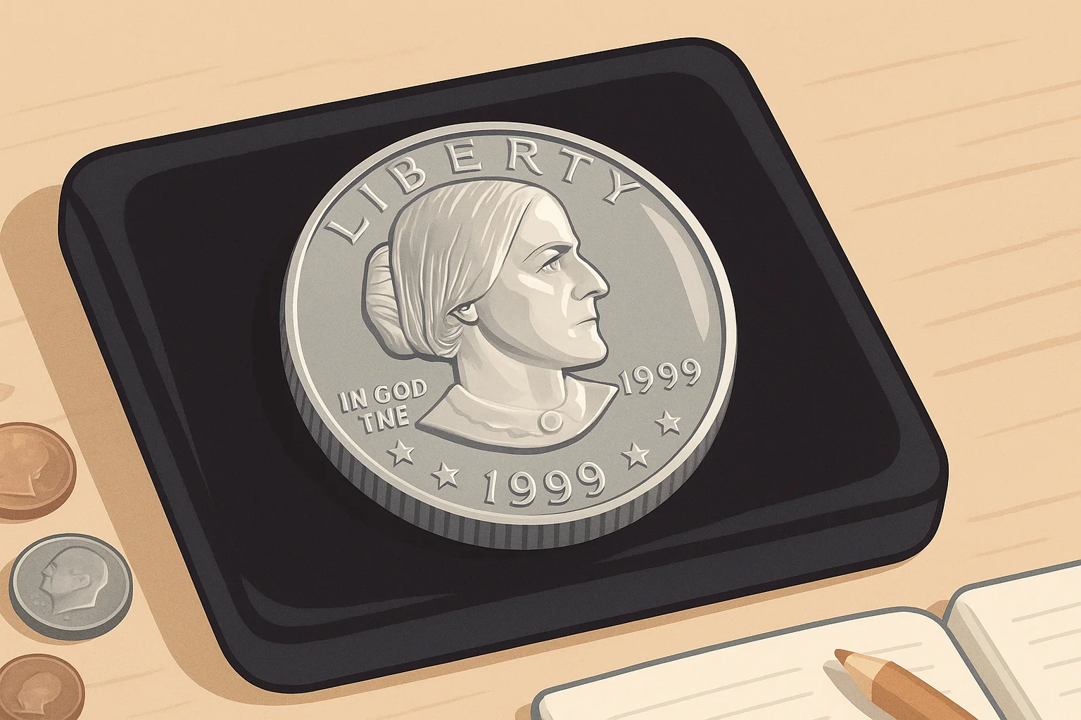 A high-grade SBA dollar on a protective padding.