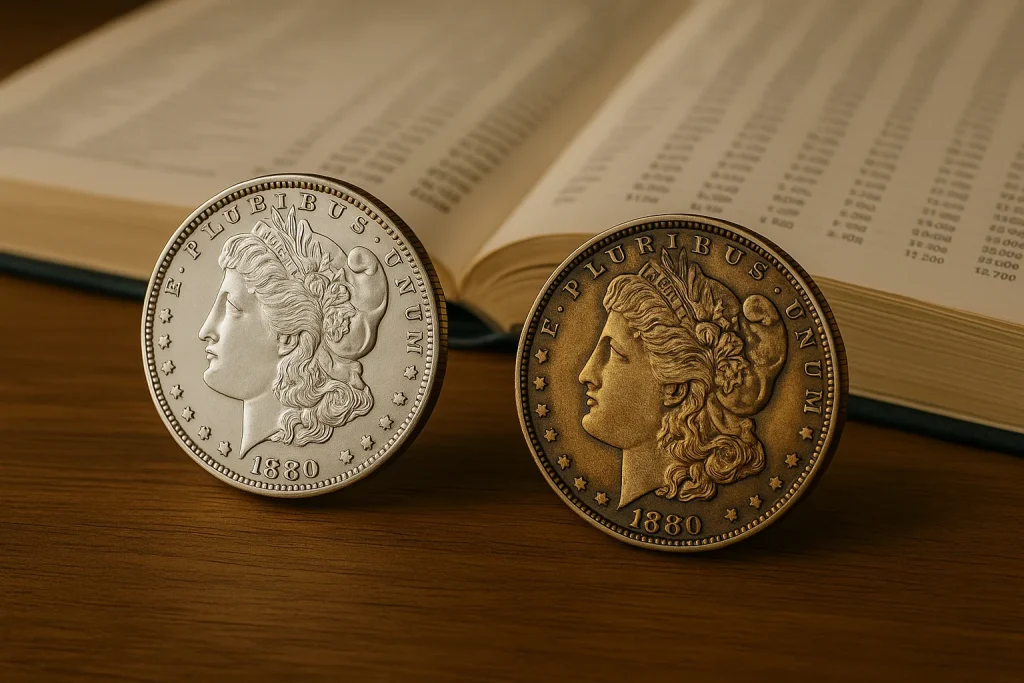 Two coins of the same date are displayed side by side, highlighting how variations in surface quality, tone, and overall eye appeal lead to different market values.