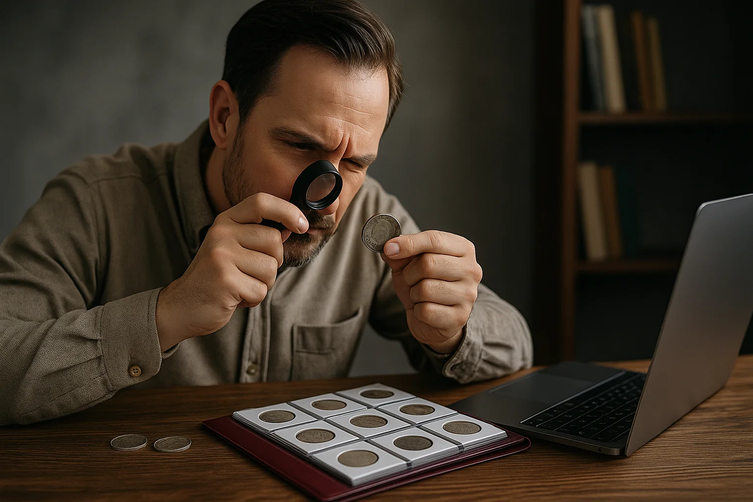 A collector closely examines a coin under a magnifying glass, checking subtle differences in strike, surfaces, and tone that create price gaps between seemingly identical pieces.